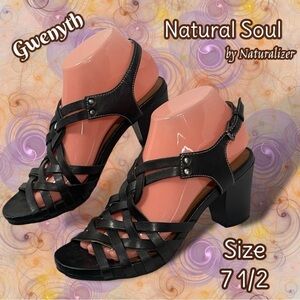 Natural Soul by Naturalizer Gwenyth Strappy Black Sandals with Heels Size 7.5